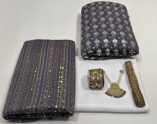 Original Chiffon Foil Work 3PC – Party & Summer Collection with Necklace, Gotta & Mirror Lace