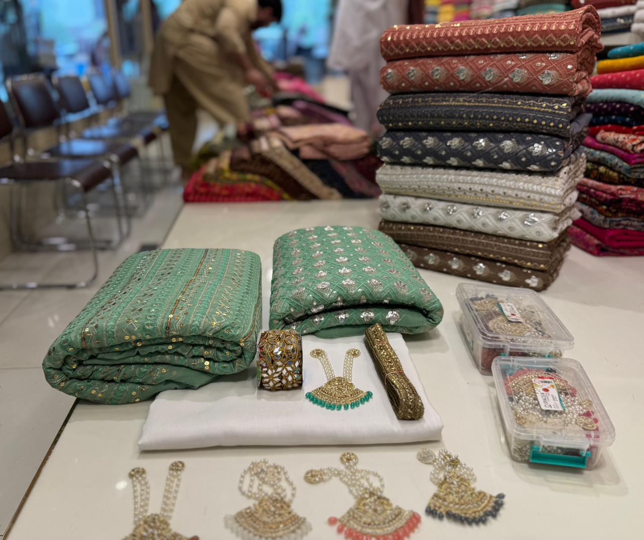 Original Chiffon Foil Work 3PC – Party & Summer Collection with Necklace, Gotta & Mirror Lace