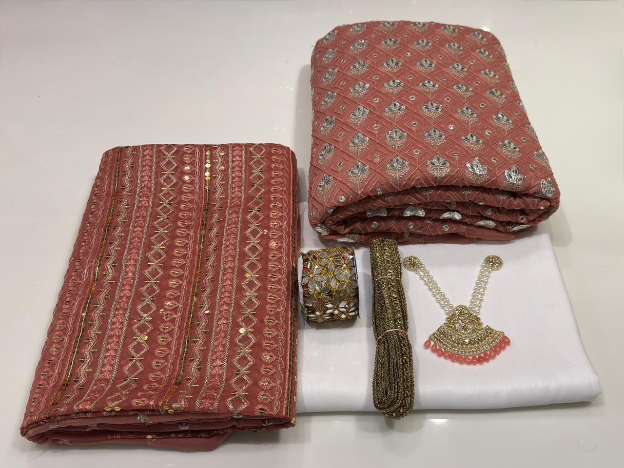 Original Chiffon Foil Work 3PC – Party & Summer Collection with Necklace, Gotta & Mirror Lace