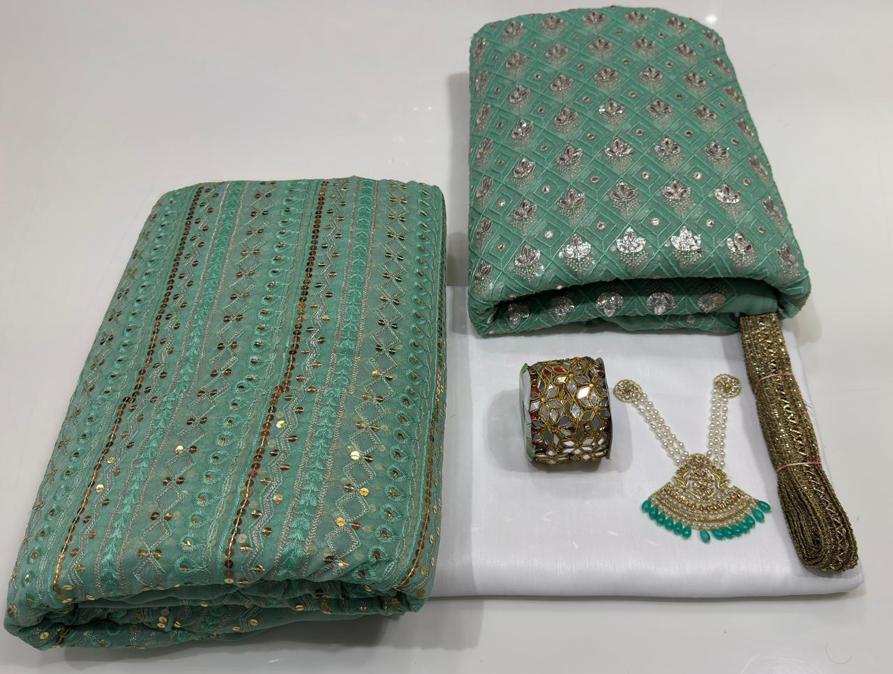 Original Chiffon Foil Work 3PC – Party & Summer Collection with Necklace, Gotta & Mirror Lace